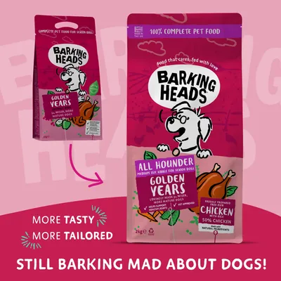 Barking Heads Golden Years All Rounder medium size kibble for senior dogs, chicken with rice, supports healthy joints. More tasty, more tailored. Still barking mad about dogs.