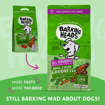 Barking Heads dog food packaging showing product change to All Rounder Bowl Lickin' Goodness with lamb, highlighting more tasty and tailored recipe for adult dogs.