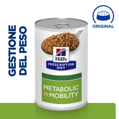 Scatola di Hill's Prescription Diet Metabolic + Mobility, cibo umido per gestione del peso. Testo visibile: 'GESTIONE DEL PESO', 'ORIGINAL'.