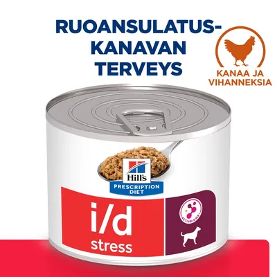 Hill's Prescription Diet i/d stress koiran märkäruoka, ruoansulatuskanavan terveys, kanaa ja vihanneksia, ActivBiome+, purkki ja etiketti näkyvissä