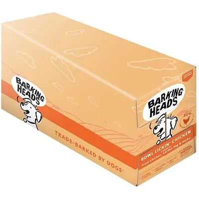 Barking Heads Bowl Lickin’ Chicken box, highlights 85% fresh chicken, garden veg and herbs, complete food, natural ingredients. Trade-barked by dogs slogan visible on packaging.