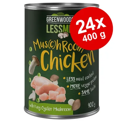 Greenwoods LessMeat Mus(c)hRoom Chicken med King Oyster Mushroom, 400 g dåse. Tekst: LESS meat content, MORE veggie protein, SAME taste. Pakke med 24 x 400 g.