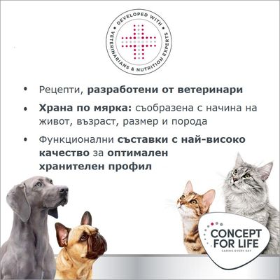 Рецепти, разработени от ветеринари. Храна по мярка според начин на живот, възраст, размер и порода. Съставки с най-високо качество за оптимален хранителен профил. Concept for Life.