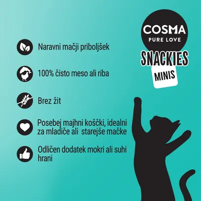 COSMA PURE LOVE SNACKIES MINIS. Naravni mačji priboljšek, 100 % čisto meso ali riba, brez žit, posebej majhni koščki za mladiče ali starejše mačke, odličen dodatek mokri ali suhi hrani.