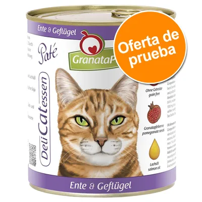 Lata de paté GranataPet DeliCatessen para gatos, Ente & Geflügel. Oferta de prueba. Sin cereales, con semillas de granada y aceite de salmón visibles en la etiqueta.
