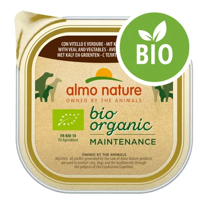 almo nature bio organic maintenance con vitello e verdure, certificazione biologica FR-BIO-10 EU Agriculture, confezione con simbolo BIO verde