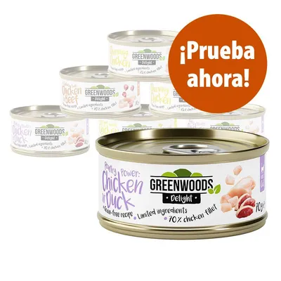 Latas de comida para gatos Greenwoods Delight, variedad Chicken in Duck, Charming Chicken y Chicken Beef. Texto visible: '¡Prueba ahora!', 70 % chicken fillet, limited ingredients.