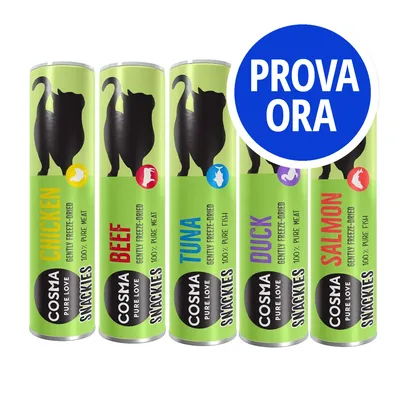 Cosma Snackies per gatti: CHICKEN, BEEF, TUNA, DUCK, SALMON. Testo cerchio blu: PROVA ORA. 100% pure meat/fish, gently freeze-dried visibile su ogni confezione.