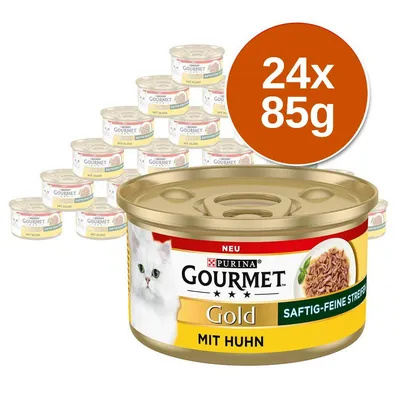 Purina Gourmet Gold macskaeledel, saftig-feine streifen mit huhn, 24×85 g kiszerelés látható a képen.