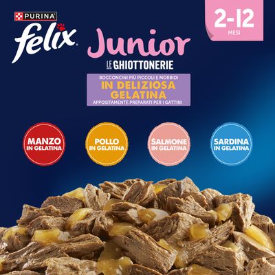 Purina Felix Junior Le Ghiottonerie, 2-12 mesi. Piccoli, teneri bocconcini in gelatina delicata: Manzo, Pollo, Salmone, Sardina in gelatina.