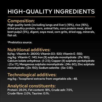 Sammansättning: Lamm 19 %, ris 16 %, fjäderfäprotein, majs, animaliska fetter, betmassa 5 %, sojamjöl, ägg, fiskolja. Vitaminer A, D3, E, C, taurin 0,1 %. Protein 28 %, fett 18 %.