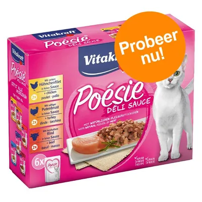 Vitakraft Poésie Deli Sauce kattenvoer, 6x porties: 2x kipfilet, 2x kalkoenborst, 2x rund. Probeer nu! Zonder suiker en granen. Met natuurlijke vleesstukjes.