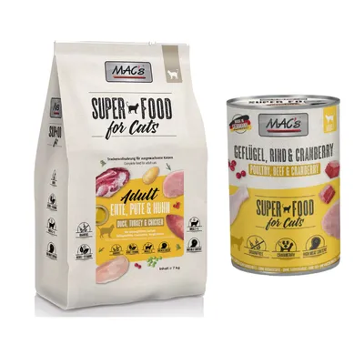 MAC´s Kombi-Paket: 12 x 400 g Nassfutter + 2 x 1,5 kg Superfood Trockenfutter   - 12 x 400 g Geflügel, Rind & Cranberry + 2 x 1,5 kg Adult Ente, Pute & Huhn 