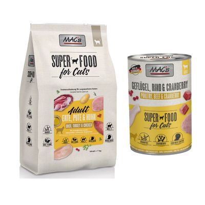 MAC´s Kombi-Paket: 12 x 400 g Nassfutter + 2 x 1,5 kg Superfood Trockenfutter 12 x 400 g Geflügel, Rind & Cranberry + 2 x 1,5 kg Adult Ente, Pute & Huhn
