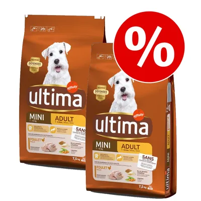 Duas embalagens de ração Ultima Mini Adult 1–10 kg, frango, 7,5 kg cada. Texto visível: 'Défenses naturelles', 'Sans colorants ni conservateurs'. Sinal de desconto com símbolo de percentagem. Duas embalagens de ração Ultima Mini Adult 1–10 kg, frango, 7,5 kg cada. Texto visível: 'Défenses naturelles', 'Sans colorants ni conservateurs'. Sinal de desconto com símbolo de percentagem.