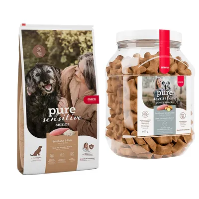 mera pure sensitive Kombi-Paket: 12,5 kg Trockenfutter + 3 x 600 g Goody Snacks - Senior Truthahn & Reis 12,5 kg + Goody Snacks Truthahn & Kartoffel 3 x 600 g