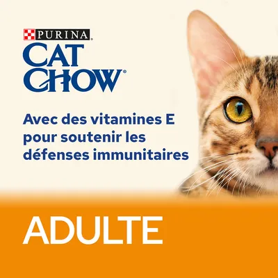 Purina Cat Chow. Avec des vitamines E pour soutenir les défenses immunitaires. ADULTE.