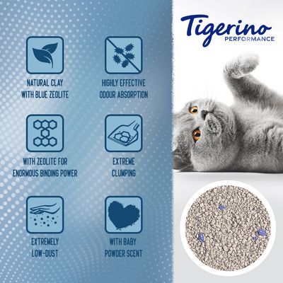 Tigerino Performance kattenbakvulling. Engelstalige tekst: natural clay with blue zeolite, highly effective odour absorption, with zeolite for enormous binding power, extreme clumping, extremely low-dust, with baby powder scent.