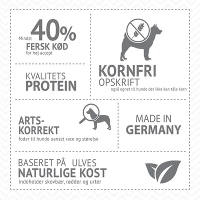 Mindst 40 % fersk kød, kvalitetsprotein, kornfri opskrift også egnet til hunde der ikke kan tåle korn, artskorrekt foder, made in Germany, baseret på ulves naturlige kost med skovbær, rødder og urter.