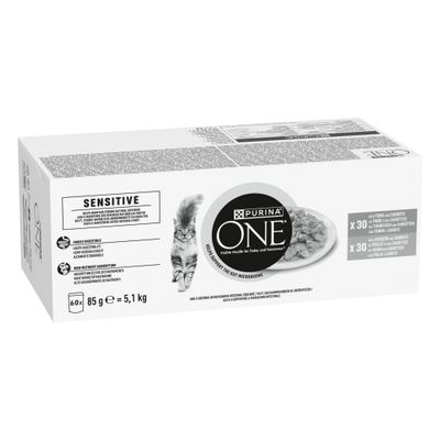 Purina ONE Sensitive kattefoder, 60x85 g, med tun og gulerødder samt kylling og gulerødder, letfordøjeligt, høj næringsoptagelse, understøtter mikrobiomet.