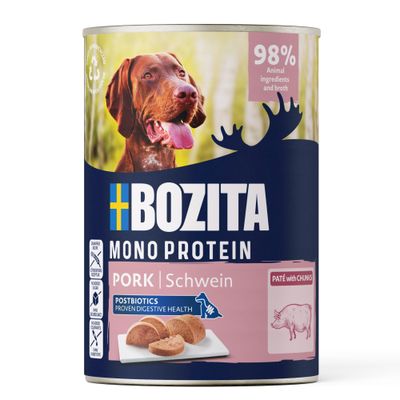 BOZITA Mono Protein Pork Varken, 98% dierlijke ingrediënten en bouillon, postbiotica voor een gezonde spijsvertering, paté met stukjes, zonder suiker, zonder toevoegingen.