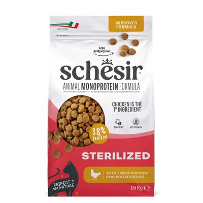 Schesir Sterilized & Light Katzenfutter, reich an Huhn, 1,5kg. Tierisches Protein als erste Zutat, leicht verdaulich, fettarm. Italienisches Produkt mit nur einer tierischen Proteinquelle.