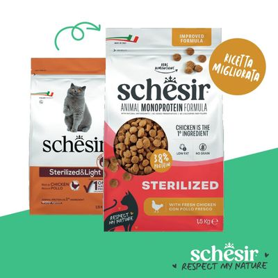 Schesir Animal Monoprotein Formula Sterilized con pollo, 38% di proteine, 1,5 kg, ricetta migliorata, povero di grassi, senza cereali. Ricetta migliorata.