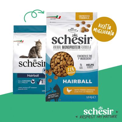 Schesir Hairball Animal Monoprotein Formula, 1,5 kg, con pollo fresco, 33% di proteine, aiuta a eliminare i hairball, ricetta migliorata, prodotto in Italia.