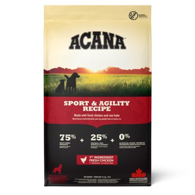 ACANA Sport & Agility Recipe, 75% ingrediente de origine animală, 25% legume și fructe, 0% aditivi artificiali, ingredient principal pui proaspăt, produs în Canada.