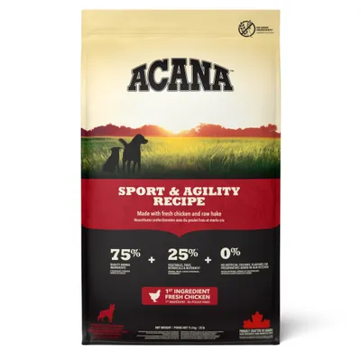 ACANA Sport & Agility Recipe, 75% ingrediente de origine animală, 25% legume și fructe, 0% aditivi artificiali, ingredient principal pui proaspăt, produs în Canada. ACANA Sport & Agility Recipe, 75% ingrediente de origine animală, 25% legume și fructe, 0% aditivi artificiali, ingredient principal pui proaspăt, produs în Canada.