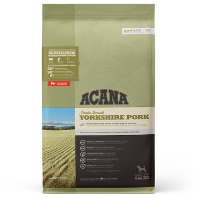 ACANA Singles Formula Yorkshire Pork met vers varkensvlees en flespompoen, biologisch passend, 2 kg zak. Bevat informatie over ingrediënten en voeding.