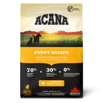 ACANA Puppy Recipe, główny składnik świeży kurczak, 70% składników pochodzenia zwierzęcego, 30% warzyw i owoców, 0% sztucznych dodatków, bez zbóż, wyprodukowana w Kanadzie. ACANA Puppy Recipe, główny składnik świeży kurczak, 70% składników pochodzenia zwierzęcego, 30% warzyw i owoców, 0% sztucznych dodatków, bez zbóż, wyprodukowana w Kanadzie.