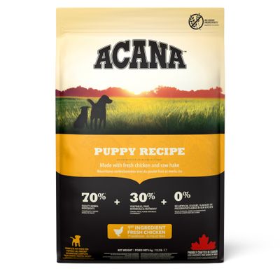 ACANA Puppy Recipe, główny składnik świeży kurczak, 70% składników pochodzenia zwierzęcego, 30% warzyw i owoców, 0% sztucznych dodatków, bez zbóż, wyprodukowana w Kanadzie.