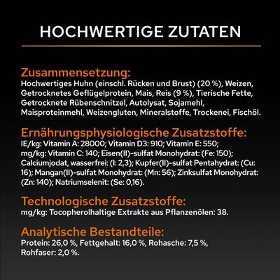 Zusammensetzung: Huhn, Weizen, Geflügelprotein, Mais, Reis, tierische Fette, Rübenschnitzel, Autolysat, Sojamehl, Mineralstoffe, Trockenei, Fischöl. Analytik: Protein 26%, Fett 16%.