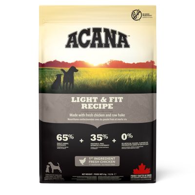 ACANA Light & Fit Recept, 65% dierlijke ingrediënten, 35% groenten en fruit, 0% kunstmatige toevoegingen, hoofdingrediënt verse kip, geproduceerd in Canada, graanvrij.