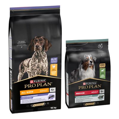 Två PURINA PRO PLAN Adult hundfodersäckar: All Sizes Protein & Energy med kyckling, 16 kg, och Medium Sensitive Digestion High Protein med lamm. För hundar från 1 års ålder.