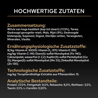 Zusammensetzung, ernährungsphysiologische und technologische Zusatzstoffe sowie analytische Bestandteile mit genauen Werten für Protein, Fettgehalt, Rohasche, Rohfaser, Taurin und L-Carnitin.