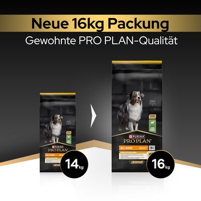 Neue 16kg Packung Purina PRO PLAN All Sizes Adult, gewohnt hohe Qualität. Vorher 14kg, jetzt 16kg.