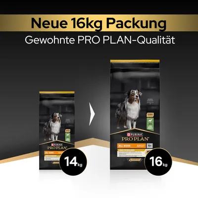 Neue 16kg Packung Purina PRO PLAN All Sizes Adult, gewohnt hohe Qualität. Vorher 14kg, jetzt 16kg. Neue 16kg Packung Purina PRO PLAN All Sizes Adult, gewohnt hohe Qualität. Vorher 14kg, jetzt 16kg.