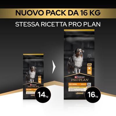 Purina Pro Plan All Sizes Adult ora nel nuovo formato da 16 kg, precedentemente 14 kg. Stessa ricetta, nuovo formato confezione più grande.