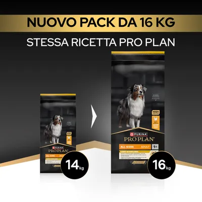 Purina Pro Plan All Sizes Adult ora nel nuovo formato da 16 kg, precedentemente 14 kg. Stessa ricetta, nuovo formato confezione più grande.
