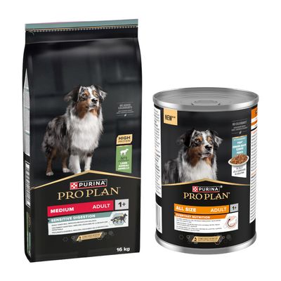PURINA PRO PLAN All Sizes Adult 1+ Tørfoder og vådfoder, Højt proteinindhold, nr. 1 ingrediens kylling, uden farvestoffer, 16 kg sæk og dåse vist.