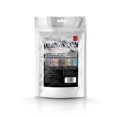 Collagen Sticks, 200 g. Sammensætning: 100% oksekød. Analyse: Protein 72%, fugtighed 10%. Fodringsanbefaling og næringsværdier findes på bagsiden.