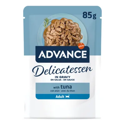 ADVANCE Delicatessen in Sauce mit Thunfisch, 85g, für ausgewachsene Katzen. Produktabbildung zeigt Stücke in Sauce.
