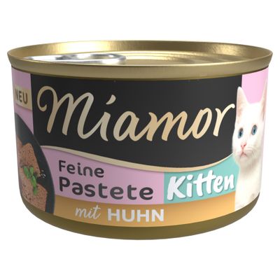 Miamor Fin Paté Kitten med lax, ny innehåll. Burk med kattmat med bild av en vit katt.