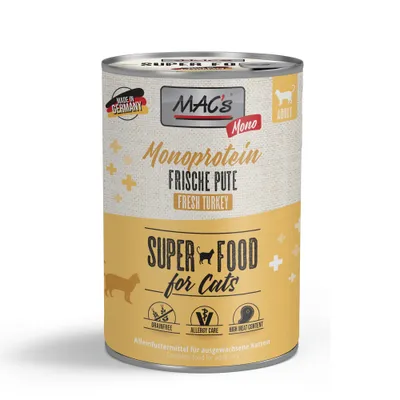 MAC's Monoprotein Frische Pute, Super Food for Cats, Adult, grainfree, allergy care, high meat content, Alleinfuttermittel für ausgewachsene Katzen, Made in Germany. MAC's Monoprotein Frische Pute, Super Food for Cats, Adult, grainfree, allergy care, high meat content, Alleinfuttermittel für ausgewachsene Katzen, Made in Germany.