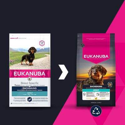 Eukanuba Dachshund Adult суха храна: Промяна на опаковката от бяла към тъмна, и двете с изображение на куче и символ за рециклиране.