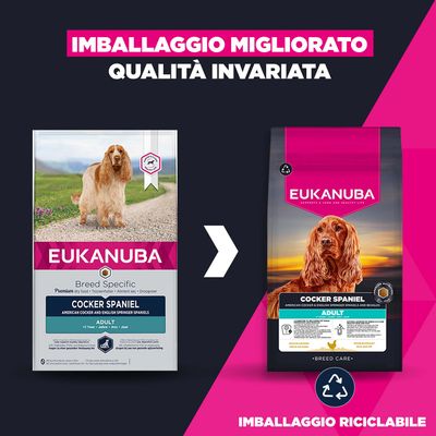 Eukanuba Cocker Spaniel Adult: cambio di confezione a un imballaggio riciclabile, la qualità rimane invariata. Entrambe le confezioni con il nome del prodotto e l'immagine del cane sono visibili.