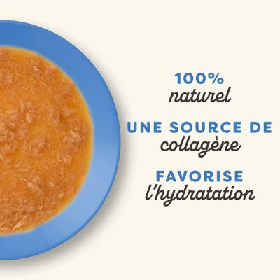 100 % naturel, source de collagène, favorise l’hydratation. Illustration du produit sur une assiette bleue.