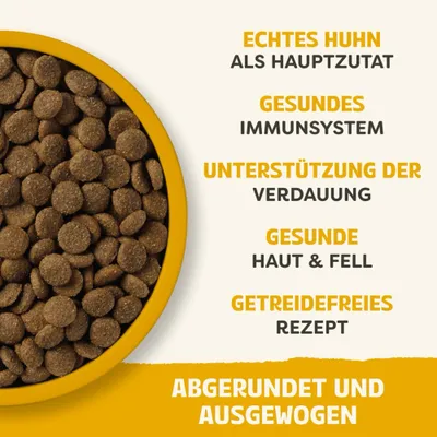 Echtes Huhn als Hauptzutat, gesundes Immunsystem, Unterstützung der Verdauung, gesunde Haut & Fell, getreidefreies Rezept, abgerundet und ausgewogen.